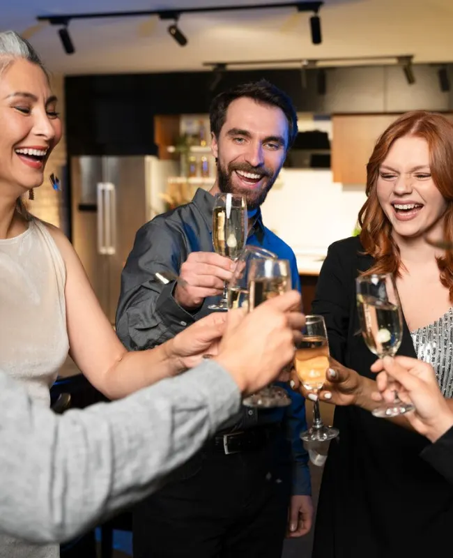 A group of people smiling and clinking glasses of champagne together in a modern kitchen setting.